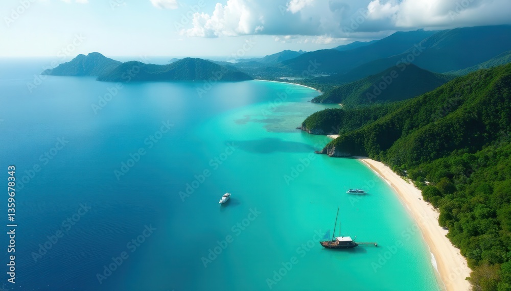 Fototapeta premium Stunning aerial view of Kampor bay's turquoise waters , island, calm, overhead