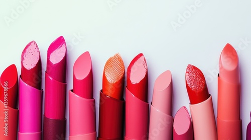 Variety of colorful lipsticks displayed in a line on a white surface showcasing different shades and finishes of lip color in a beauty store setting