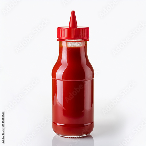 Ketchup bottle with red cap isolated on white background.