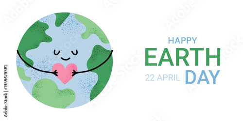Earth Day banner design with smiling planet hugging heart. Eco friendly holiday greeting Happy Earth Day – April 22. Flat illustration in white isolated background. Poster, card.