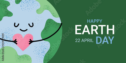 Happy Earth Day banner with green background. Cute Earth hugging heart. April 22 environmental awareness concept in flat style. Eco friendly holiday design and planet illustration.