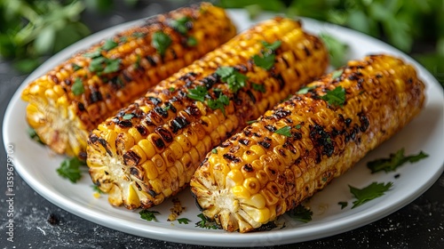 Grilled corn on the cob served on a white plate