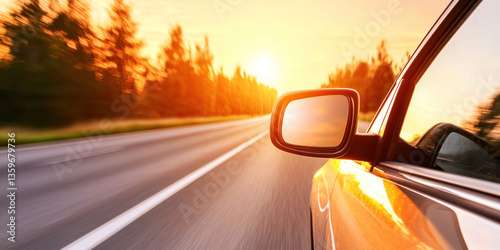 Wallpaper Mural scenic view from moving car, capturing warm glow of sunset along tree lined road, evoking sense of freedom and adventure Torontodigital.ca