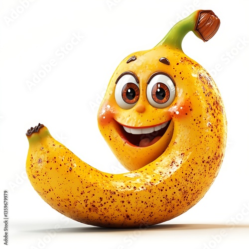 A curved yellow fruit with brown spots has a smiling face.