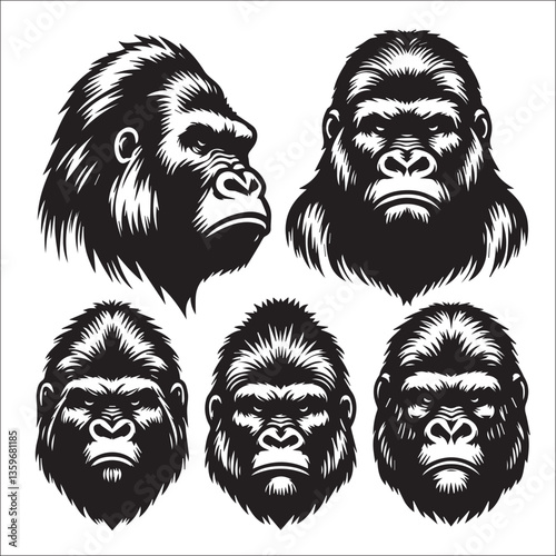 Gorilla Head Logos in Black and White Vector and Illustration