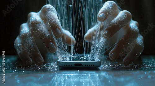 Thin nearly invisible marionette strings stretching from a smartphone to small fingers