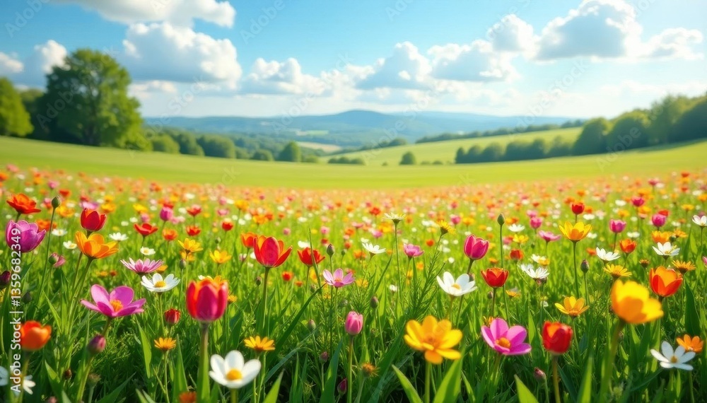 Fototapeta premium Vast spring meadow, vibrant blooms in panoramic view, gorgeous, garden, botany