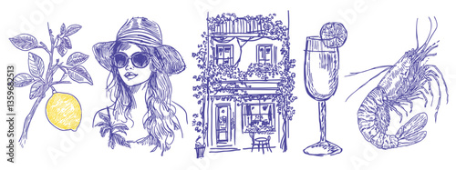 Hand drawn doodle style illustration. European summer vacation destination. Pretty cafe restaurant collection