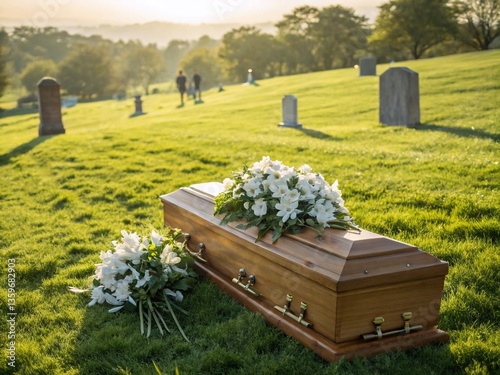 Wooden coffin with white flowers on green grass under warm sunlight on a clear day, concept of funeral services, memorial arrangements, bereavement industry