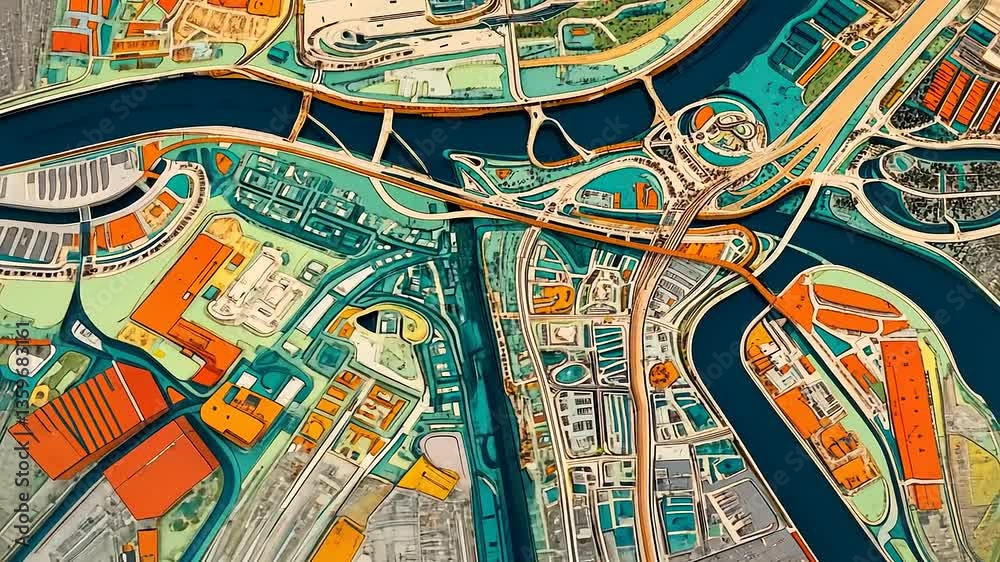 Stylized Aerial View of Urban Landscape with River Stylized Aerial View of Urban Landscape with River