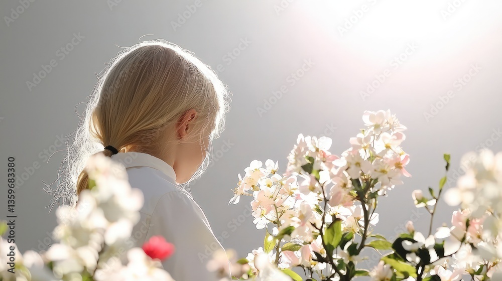 Serene Girl in Blossoming Orchard  Spring Sunlight
