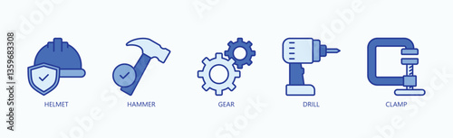 Essential Tools And Gear For Construction And Engineering Icon Set Vector Illustration Concept With Icon Of Helmet, Hammer, Gear, Drill, Clamp In Blue Style