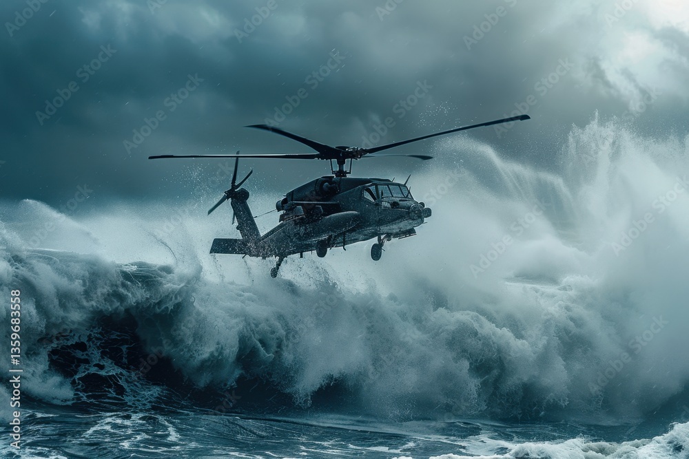 Apache helicopter maneuvering above stormy ocean waves dramatic skies aerial action photography Apache helicopter maneuvering above stormy ocean waves dramatic skies aerial action photography