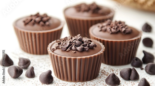 Four rich dark chocolate cups filled with decadent chocolate mousse and topped with chocolate chips sit on a white background.