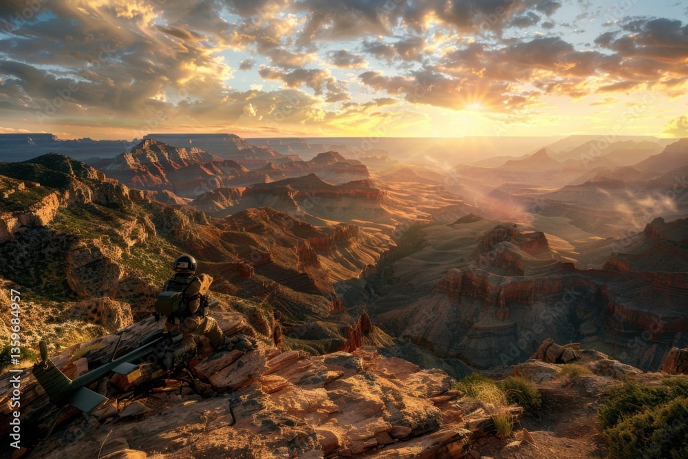 Fototapeta premium Dramatic sunset over grand canyon apache helicopter in action military landscape captured moment