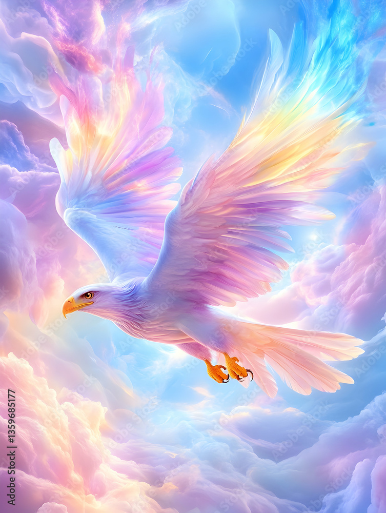 Fototapeta premium Rainbow Eagle Soaring Through Pastel Clouds; Spiritual Poster
