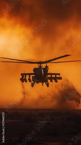 Apache helicopter launches attack desert landscape action shot dramatic environment aerial view military concept