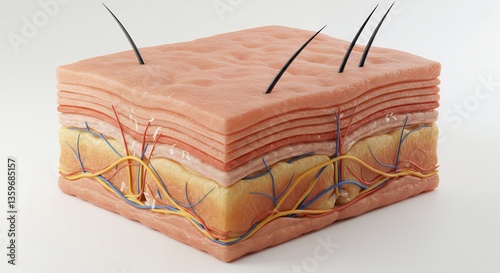 Detailed 3D Model of Human Skin Layers with Hair Follicles and Blood Vessels