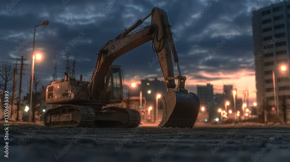 Excavator Silhouette at Sunset Urban Construction Industrial Scene Excavator Silhouette at Sunset Urban Construction Industrial Scene