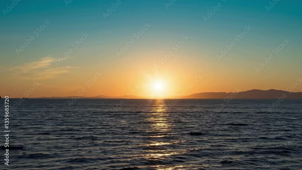 A bird flies over a calm ocean at sunset A bird flies over a calm ocean at sunset