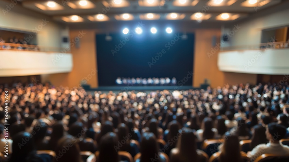 Obraz premium A blurred background of a large university auditorium filled with graduates.
