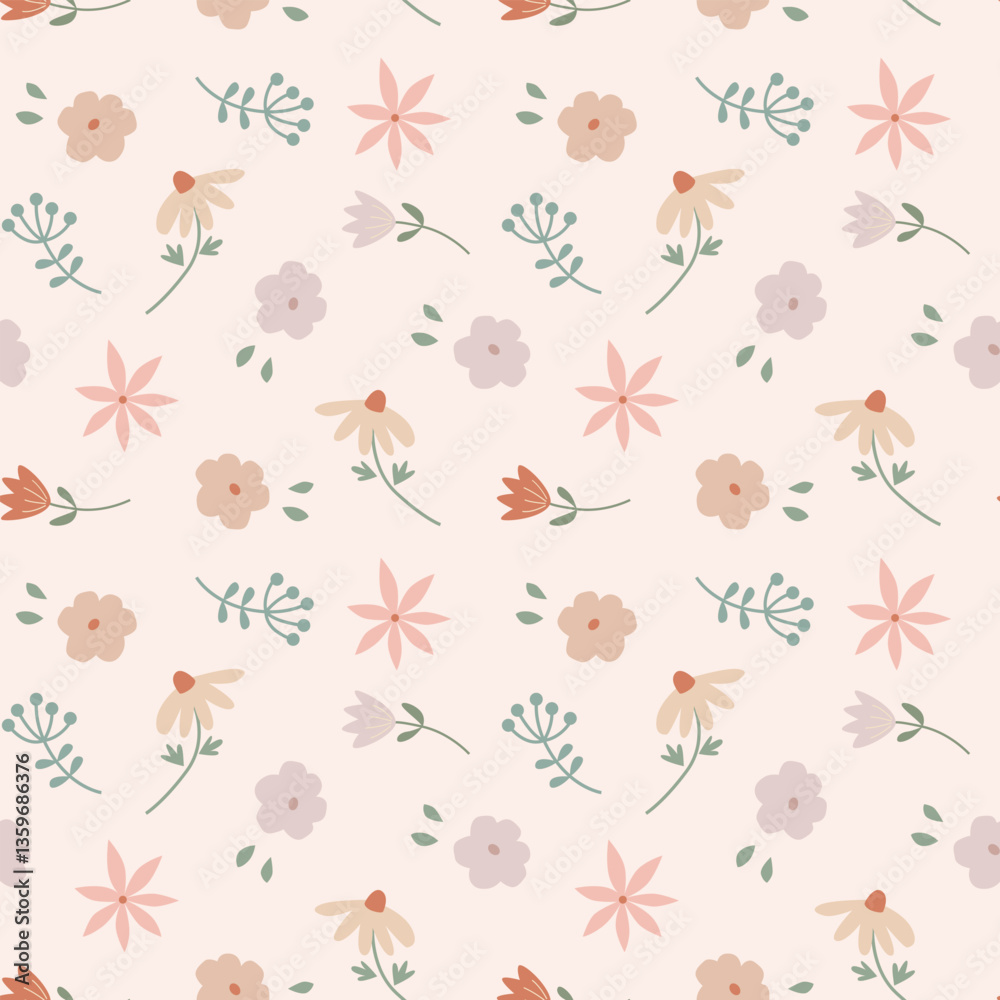 Texture for textile or wrapping paper. Summer floral wallpaper with small tender plants. Vector seamless pattern with delicate simple flowers. Repeat botanical ornament.