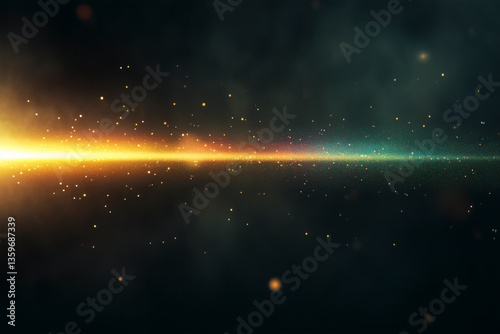 Cosmic Horizon: A vibrant line of light cuts through the darkness, speckled with glowing particles. Dreamy, celestial.