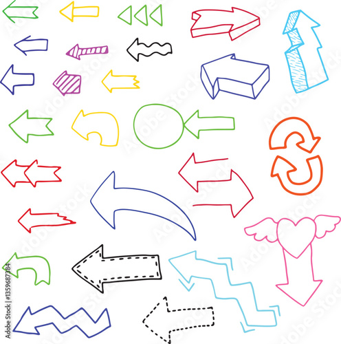 set of elements of multi-colored arrows of different shapes, heart with heart, dotted arrow, hatched arrow
