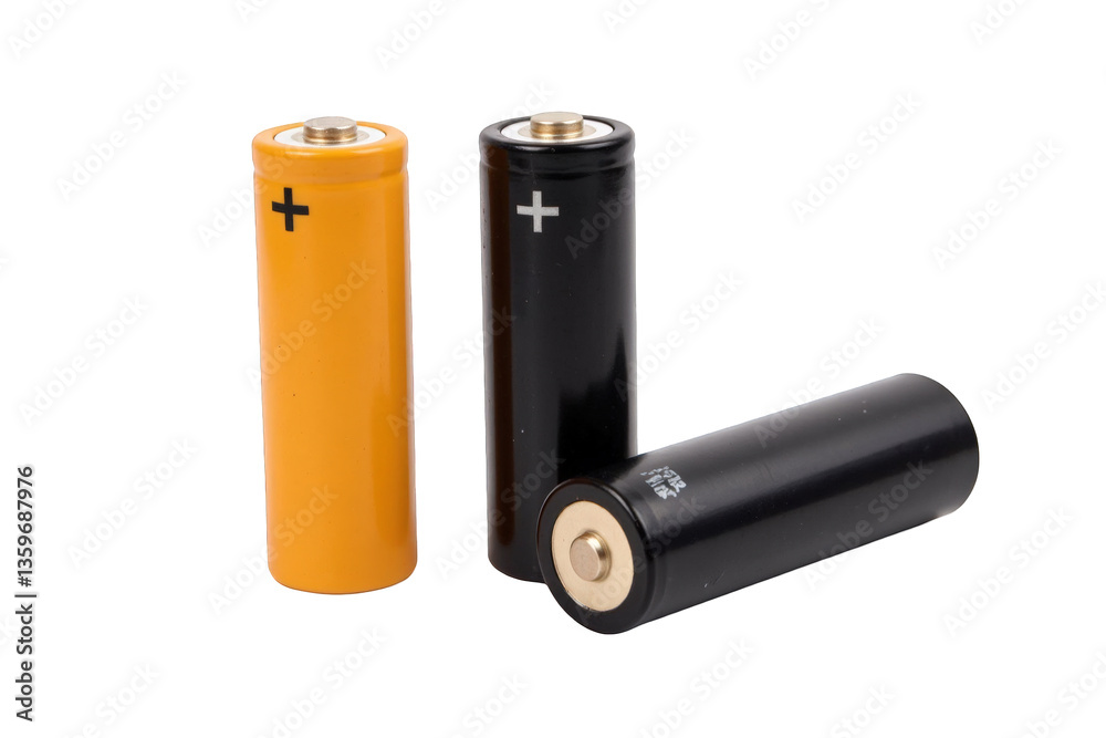 Collection of Various Batteries on a Black Background Featuring Distinct Yellow and Black Cylindrical Shapes Highlighting Their Positive and Negative Ends Collection of Various Batteries on a Black Background Featuring Distinct Yellow and Black Cylindrical Shapes Highlighting Their Positive and Negative Ends