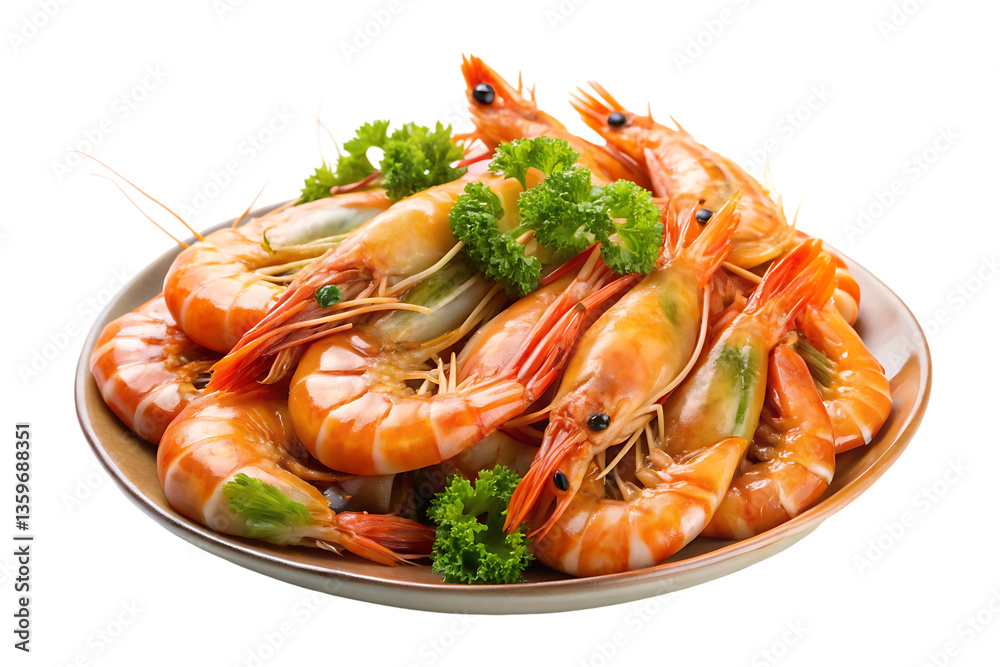 A plate of fresh cooked shrimp with greens on transparent background A plate of fresh cooked shrimp with greens on transparent background