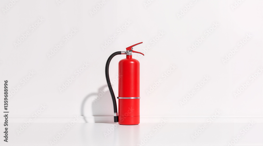 Obraz premium Red Fire Extinguisher on Minimal White Background – Essential Safety Equipment for Insurance Renewal and Hazard Prevention 