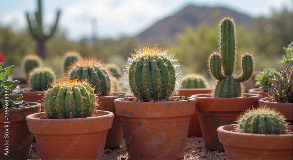 Diverse Potted Cacti Collection Against Desert Mountain Backdrop Diverse Potted Cacti Collection Against Desert Mountain Backdrop