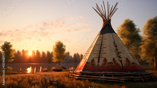 Indian wigwam near the river at sunset, native American teepees in North America	
