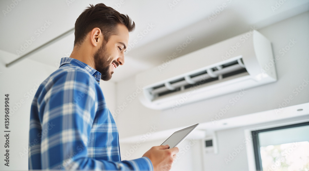 Technician Installing Smart Air Conditioning Unit – Modern Home Interior Setup for Energy-Efficient Cooling Solutions Technician Installing Smart Air Conditioning Unit – Modern Home Interior Setup for Energy-Efficient Cooling Solutions