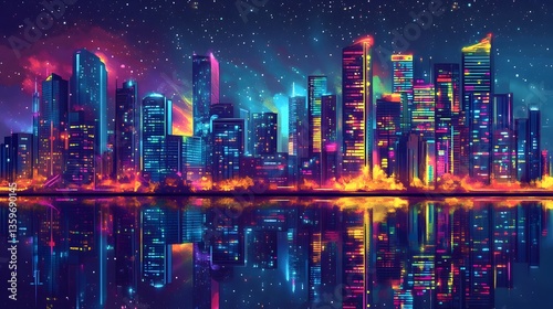 Wallpaper Mural A vibrant city skyline at night, with skyscrapers illuminated by neon lights, reflecting off a calm river beneath, and a starry sky overhead Torontodigital.ca