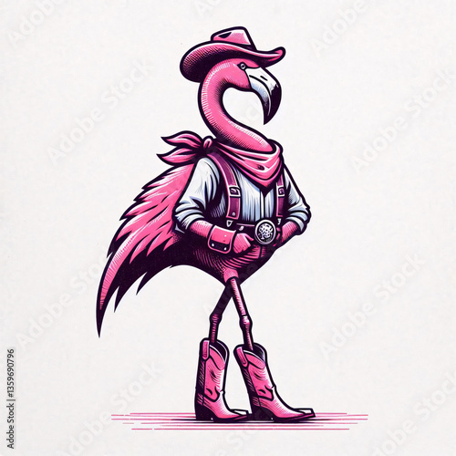 A quirky pink flamingo dressed in a classic cowboy outfit with a hat, neckerchief, belt, and boots strikes a confident pose against a white, textured background, blending fun and western style