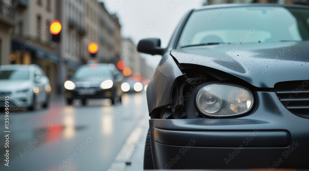 Damaged Car After Accident – Close-Up of Crashed Vehicle on Wet Street for Insurance Renewal and Claims Documentation Damaged Car After Accident – Close-Up of Crashed Vehicle on Wet Street for Insurance Renewal and Claims Documentation