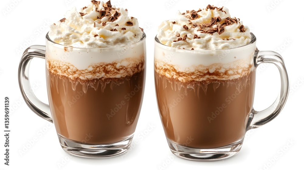 Two delicious mugs of hot chocolate topped with whipped cream and chocolate shavings are perfectly displayed on a white background. Two delicious mugs of hot chocolate topped with whipped cream and chocolate shavings are perfectly displayed on a white background.
