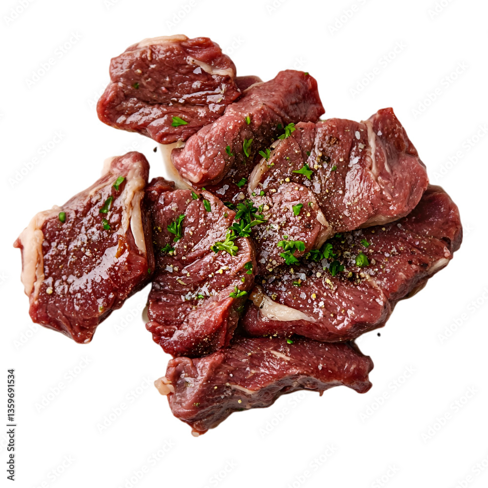 Obraz premium Closeup of a pile of seasoned and cooked meat cubes on a white background crispy beef, slow-cooked meat, beef bites, steak pieces, roasted beef cubes, marinated meat, juicy steak bites, food composit