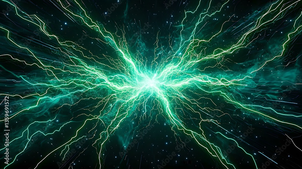 Obraz premium The image shows a stylized depiction of a bright teal energy explosion or discharge, resembling lightning bolts radiating outwards from a central point against a dark background speckled with small l