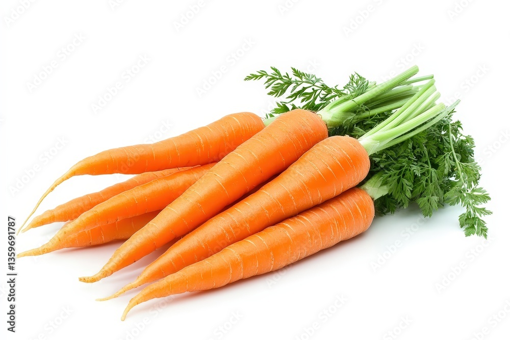 Several Orange Carrots with Green Tops Are Presented on White Several Orange Carrots with Green Tops Are Presented on White