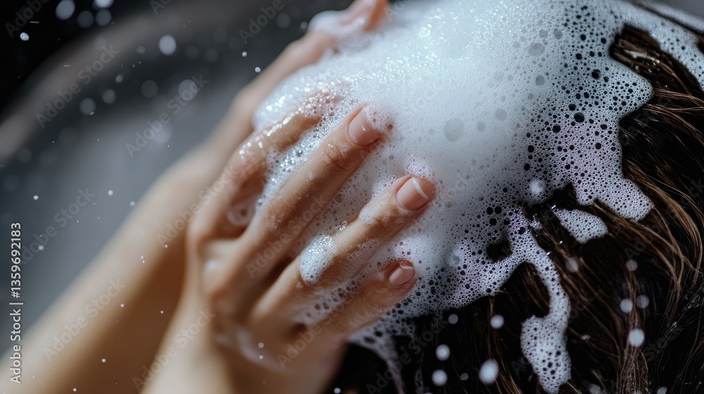 Fototapeta premium A woman's hand gently squeezing shampoo from a bottle, with foam starting to form as she prepares to wash her hair.