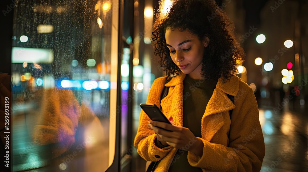 A woman under the glow of streetlights, using her smartphone while waiting at a bus stop late at night. A woman under the glow of streetlights, using her smartphone while waiting at a bus stop late at night.