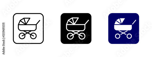 Baby stroller icon. Infant carriage vector illustration. Pram and pushchair symbol for newborn transportation. Parenting and child mobility sign for nursery and maternity facilities.