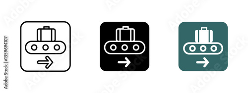 Baggage claim icon. Airport luggage conveyor vector illustration. Suitcase pickup and transportation symbol. Travel terminal sign for arrival areas and transit services.