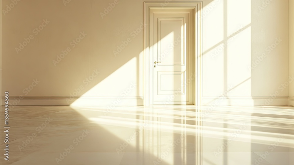 Fototapeta premium Bright sunlight spilling through a door portal, casting soft reflections on the clean floor of an empty room.
