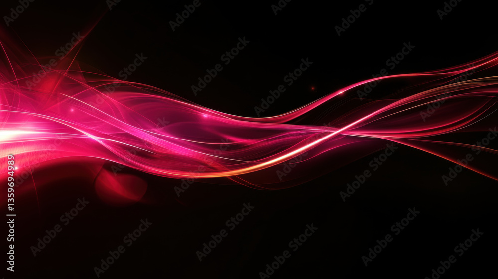 Naklejka premium Vibrant pink and red light waves flow gracefully against dark background, creating sense of movement and energy. abstract design evokes feelings of dynamism and creativity