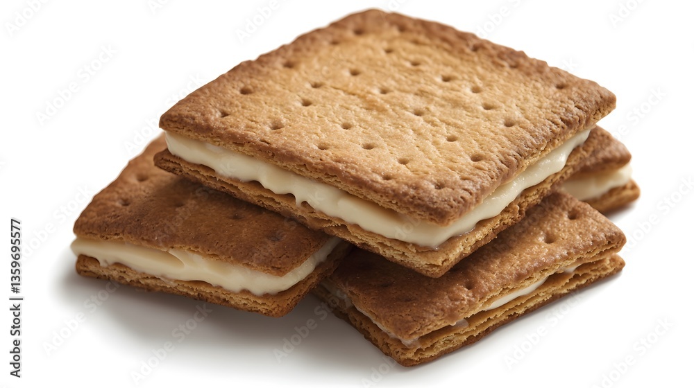 A delicious stack of creamy filled sandwich crackers sits on a bright white background ready to be eaten. A delicious stack of creamy filled sandwich crackers sits on a bright white background ready to be eaten.