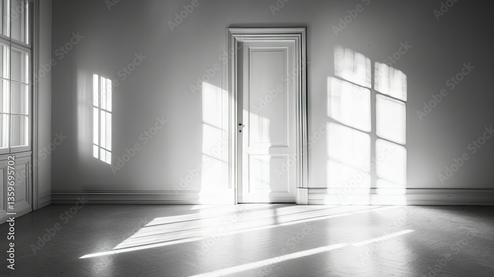 Sunlight streaming through the doorway into a quiet, empty room, creating a dramatic play of light and shadow. Sunlight streaming through the doorway into a quiet, empty room, creating a dramatic play of light and shadow.