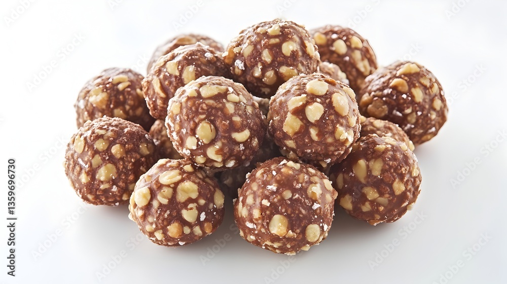A delicious pile of chocolate peanut butter balls sits on a bright white background perfect for food blogs and packaging. A delicious pile of chocolate peanut butter balls sits on a bright white background perfect for food blogs and packaging.